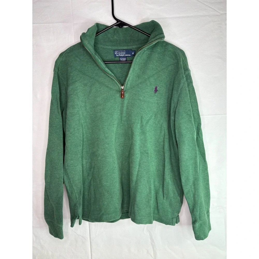 Polo Ralph Lauren Mens Green Cotton Quarter Zip Pullover Sweater Purple Pony M